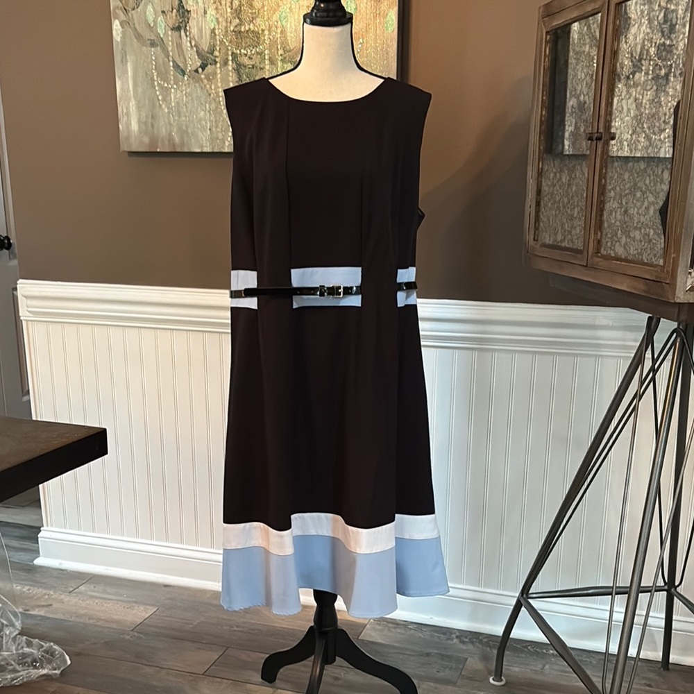 Calvin Klein Black and Blue A-Line Belted Midi Dress